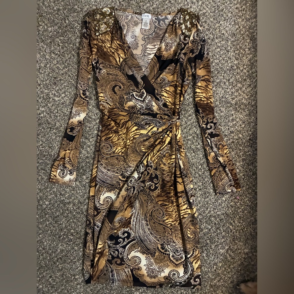 Cache Long Sleeve Paisley Dress in Brown and Black
